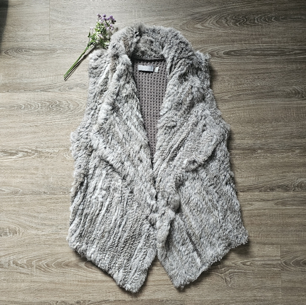 💚Bagatelle Grey Rabbit Fur Knit Wool Asymmetrical Statement Vest Womens Large